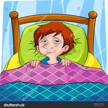 A sick person resting in bed.