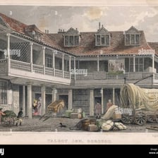 An illustration or historical depiction of the Tabard Inn associated with The Canterbury Tales