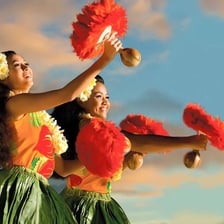 A Hawaiian hula dancer performing a storytelling gesture.