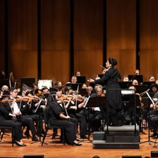 An orchestra playing together as a conductor leads the ensemble.