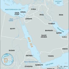 A map showing the Red Sea at the southern end of the Suez Canal.
