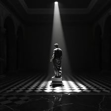 A statue illuminated by lights positioned below it