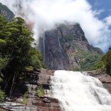 Angel Falls descending from a flat-topped mountain in Venezuela.