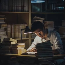A student studying at a desk with books and writing materials