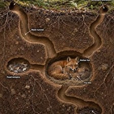 A concealed animal den among vegetation