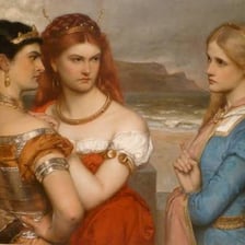 An illustration of King Lear with his three daughters