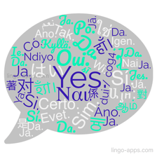 An educational comparison showing the word “yes” in multiple languages.