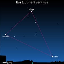 A star chart labeling Deneb as the leftmost star of the Summer Triangle.
