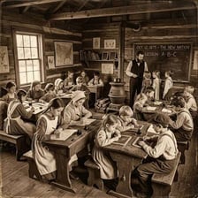 A historical female teacher in a classroom