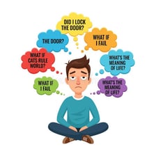 An illustration showing a person overwhelmed by a stream of questions