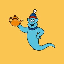An illustration of Aladdin’s lamp with a genie emerging from it.