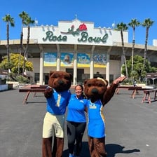 The UCLA Bruin mascot near the Rose Bowl Stadium