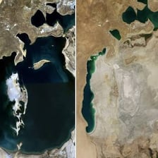 A landscape of the Aral Sea region showing water and surrounding arid terrain.