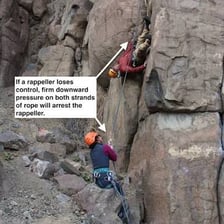 A climber descending a cliff face with rappelling ropes.