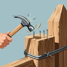 A hammer driving a nail into a piece of wood