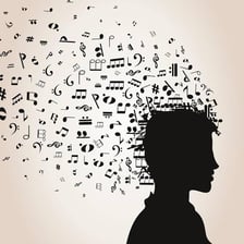 An illustration of musical notes circling a person’s head.