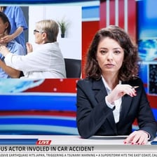 A television news reporter presenting a report.