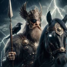 An illustration of Odin, the Norse god, with his familiar mythological attributes.