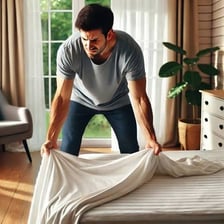 A person attempting to fold a fitted sheet with elastic corners.