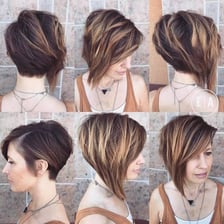 An asymmetrical hairstyle featuring side-swept bangs