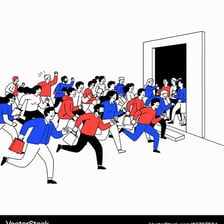 A crowd making a frantic rush through a doorway