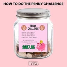 A jar of saved pennies represents thrift and saving money.