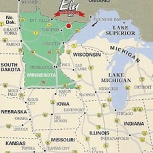 A map showing Duluth north-northeast of Minneapolis