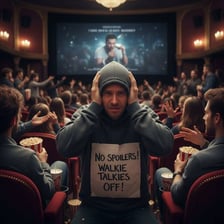A moviegoer covering their ears to avoid hearing plot details