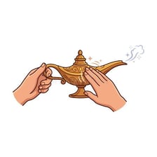 A hand rubs a lamp in an illustration of the Aladdin story.