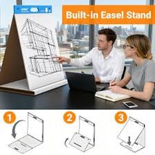 A portable easel holding a presentation board in a meeting room.