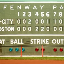 A baseball scoreboard showing a tied game