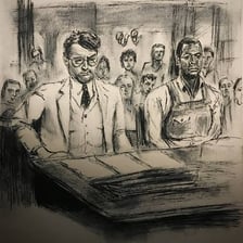 A courtroom scene representing Atticus Finch from To Kill a Mockingbird