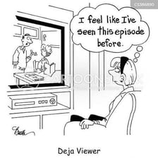 A television showing a program being broadcast again.
