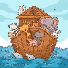An illustration of Noah with animals gathered around an ark