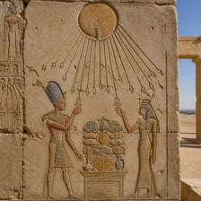 An ancient Egyptian depiction of the sun disk Aten with rays reaching downward.