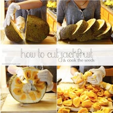 A large spiky jackfruit shown whole and cut open