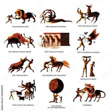 An illustration depicting Hercules and a scene from his mythic labors.