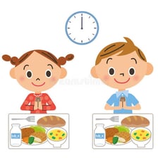 A lunch meal shown beside a clock indicating noon