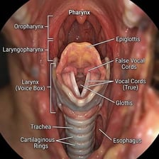 An anatomy diagram locating the pharynx in the human throat.