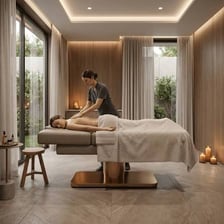 A padded massage table set up in a therapy room.