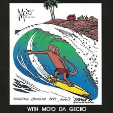 A surfer riding a wave in a retro-style illustration.