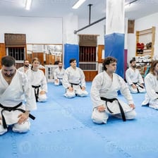Karate students training in a dojo.