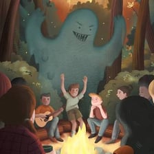 People gathered around a campfire during a spooky story.