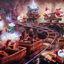 An illustration of the Seven Dwarfs working in a mine