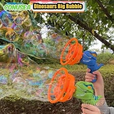 A toy bubble gun producing a stream of soap bubbles.