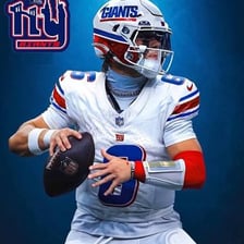 A New York Giants football player wearing the team’s blue uniform.