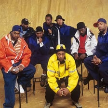 A group photo of the hip-hop group Wu-Tang Clan.
