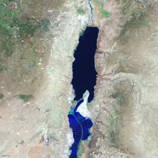 The Jordan River valley near its outlet at the Dead Sea.