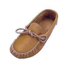 A pair of soft leather moccasin shoes.