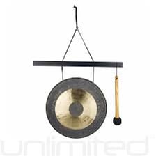 Several gongs hanging as musical instruments.